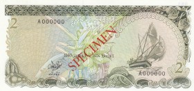 Maldives, 2 Rafiyaa, 1983, UNC, p9s, SPECIMEN
Serial Number: A000000
Estimate: 150-300 USD