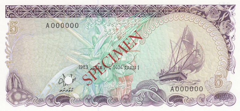 Maldives, 5 Rafiyaa, 1983, UNC, p10s, SPECIMEN
Serial Number: A000000
Estimate...