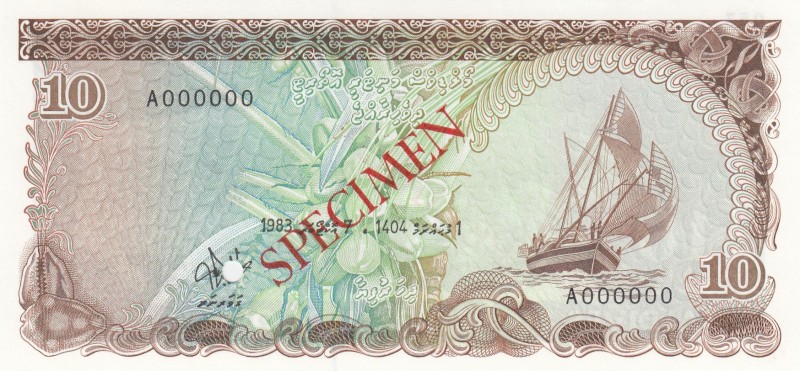 Maldives, 10 Rafiyaa, 1983, UNC, P11s, SPECIMEN
Serial Number: A000000
Estimat...