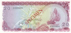 Maldives, 20 Rafiyaa, 1983, UNC, p12s, SPECIMEN
Serial Number: A000000
Estimate: 300-600 USD