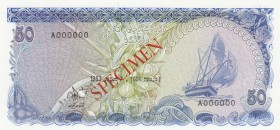 Maldives, 50 Rafiyaa, 1983, UNC, p13s, SPECIMEN
Serial Number: A000000
Estimate: 350-700 USD