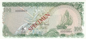 Maldives, 100 Rafiyaa, 1983, UNC, p14s, SPECIMEN
Serial Number: A000000
Estimate: 400-800 USD