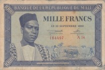 Mali, 1.000 Francs, 1960, FINE, p4 
There are pinholes.
Serial Number: A14 164497
Estimate: 30-60 USD