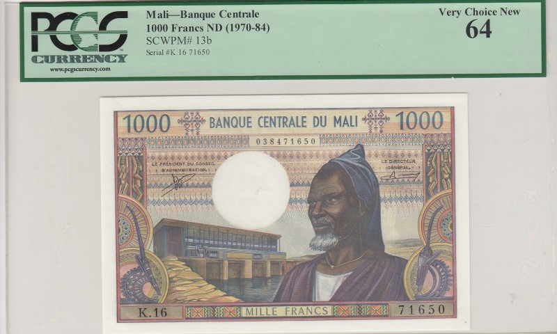 Mali, 1.000 Francs, 1970-84, UNC, p13b 
PCGS 64
Serial Number: K.16 71650
Est...