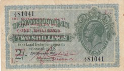 Malta, 2 Shillings, 1918, VF (-), p15 
1 Shillings on 2 Shillings
Serial Number: A/I 81041
Estimate: 30-60 USD