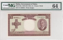 Malta, 1 Pound, 1949, UNC, p22a 
PMG 64
Serial Number: A/1 283654
Estimate: 150-300 USD