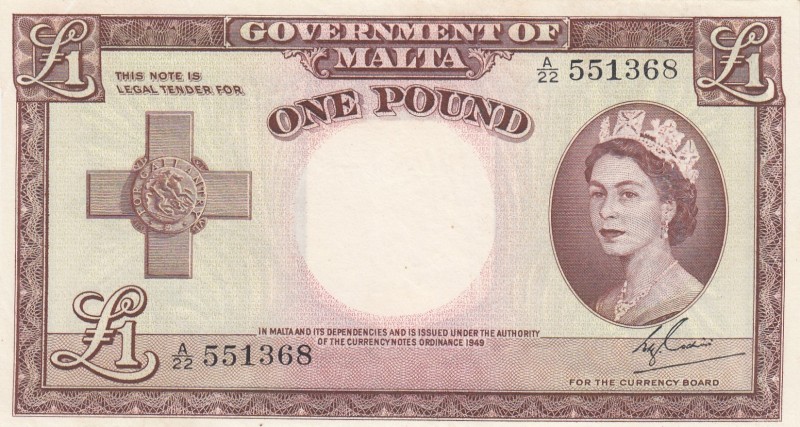 Malta, 1 Pound, 1954, XF (+), p24a 
Portrait of Queen Elizabeth II
Serial Numb...