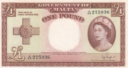 Malta, 1 Pound, 1954, UNC, p24b 
Serial Number: A/24 275936
Estimate: 250-500 USD