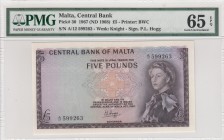 Malta, 5 Pounds, 1967, UNC, p30 
PMG 65 EPQ, Queen Elizabeth II portrait
Serial Number: A/12 599263
Estimate: 500-1 USD