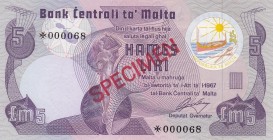 Malta, 5 Liri, 1979, UNC, pCS1, SPECIMEN
Collector Series, p35a with overprint.
Serial Number: 000068
Estimate: 35-70 USD