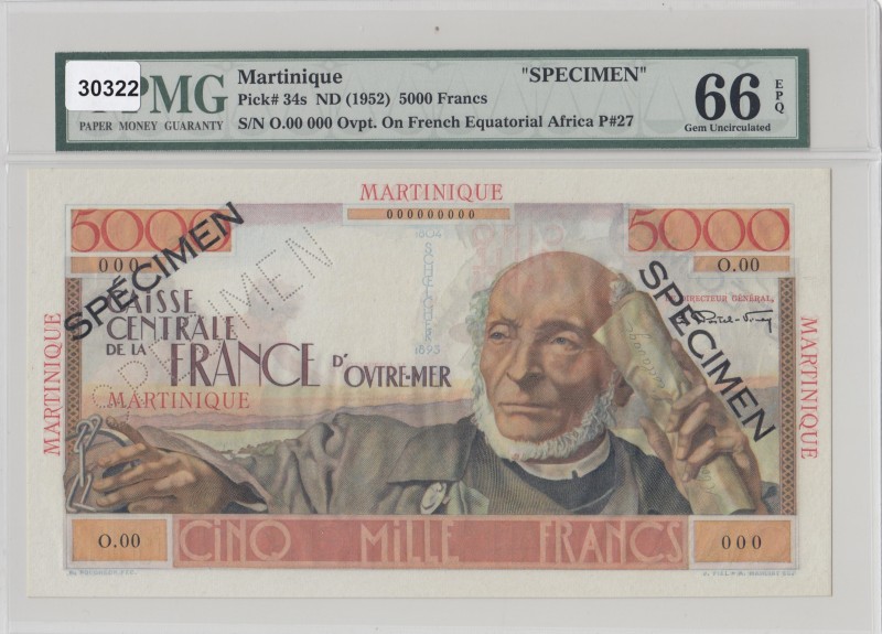 Martinique, 5.000 Francs, 1952, UNC, p34s, SPECIMEN
PMG 66 EPQ
Serial Number: ...