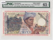 Martinique, 5.000 Francs, 1960, UNC, p36s2, SPECIMEN
PMG 65 EPQ, With owerprint Black "SECIMEN"
Serial Number: O.00 000
Estimate: 1000-2000 USD