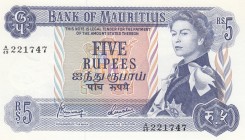 Mauritius, 5 Rupees, 1967, UNC, p30c 
Queen Elizabeth II potrait. 
Serial Number: A/49 221747
Estimate: 30-60 USD