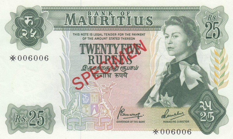 Mauritius, 25 Rupees, 1967, UNC (-), p32b, SPECIMEN
Serial Number: 006006
Esti...
