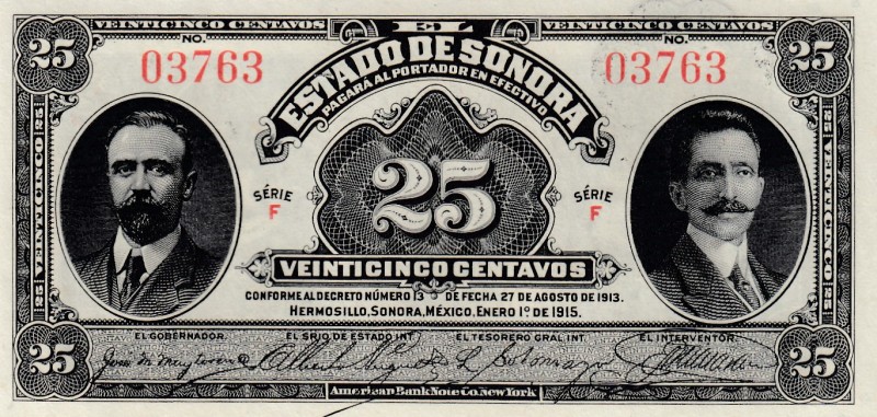 Mexico, 25 Centavos, 1915, UNC, pS1069 
Serial Number: 03763
Estimate: 10-20 U...