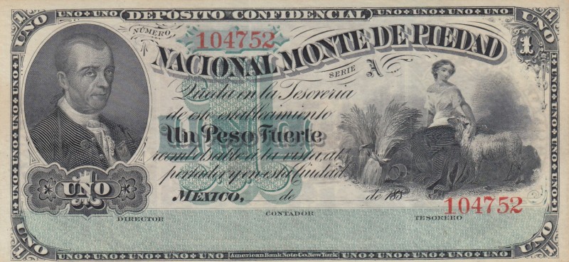 Mexico, 1 Peso, 188x, XF (+), pS264r1 
Serial Number: 104752
Estimate: 100-200...