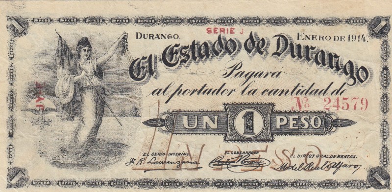 Mexico, 1 Peso, 1914, VF, pS731 
Serial Number: J 24579
Estimate: 25-50 USD