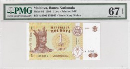Moldova, 1 Leu, 1999, UNC, p8d 
PMG 67 EPQ
Serial Number: A.00005 853865
Estimate: 15-30 USD