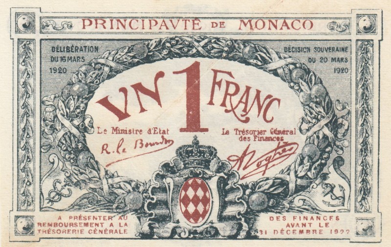 Monaco, 1 Franc, 1920, XF, p5 
Estimate: 80-160 USD