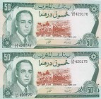 Morocco, 50 Dirhams, 1970/1985, AUNC (-), p58b, (Total 2 concecutuve banknotes)
Serial Number: CA/84 420175,CA/84 420176
Estimate: 50-100 USD
