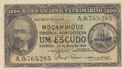 Mozambique, 1 Escudo, 1944, VF, p92 
Serial Number: A.0,765,285
Estimate: 40-80 USD