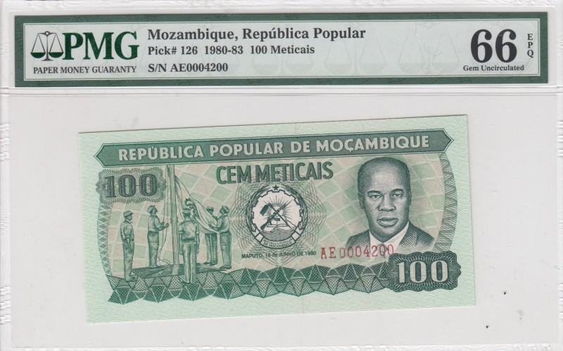 Mozambique, 100 Meticais, 1980-83, UNC, p126 
PMG 66 EPQ
Serial Number: EA0004...
