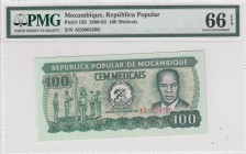 Mozambique, 100 Meticais, 1980-83, UNC, p126 
PMG 66 EPQ
Serial Number: EA0004200
Estimate: 20-40 USD