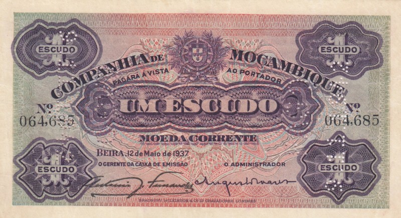 Mozambique, 1 Escudo, 1937, XF, pR33 
Serial Number: 064685
Estimate: 75-150 U...