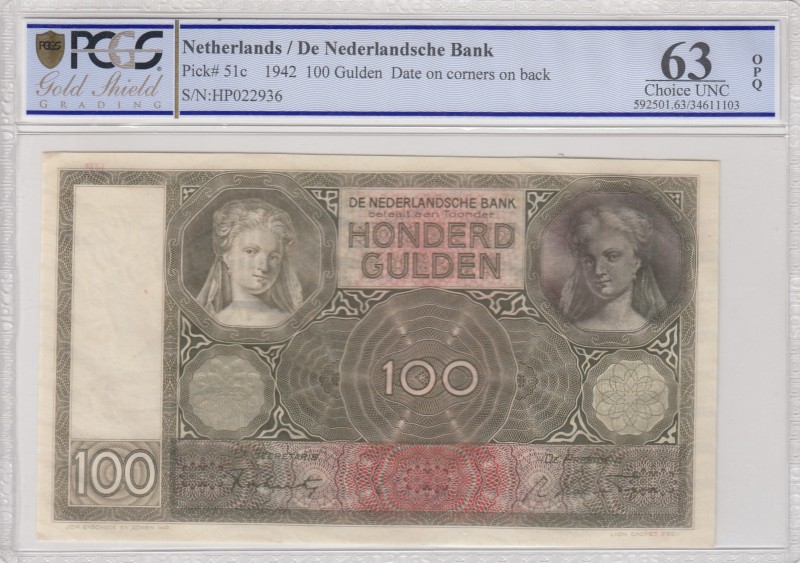 Netherlands, 100 Gulden, 1942, UNC, p51c 
PCGS 63 OPQ
Serial Number: HP022936...