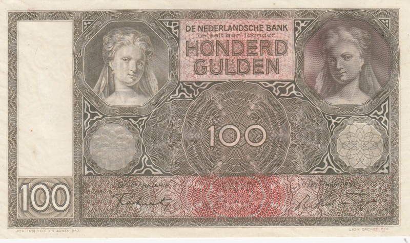 Netherlands, 100 Gulden, 1944, UNC, p51c 
Serial Number: JA 082224
Estimate: 6...