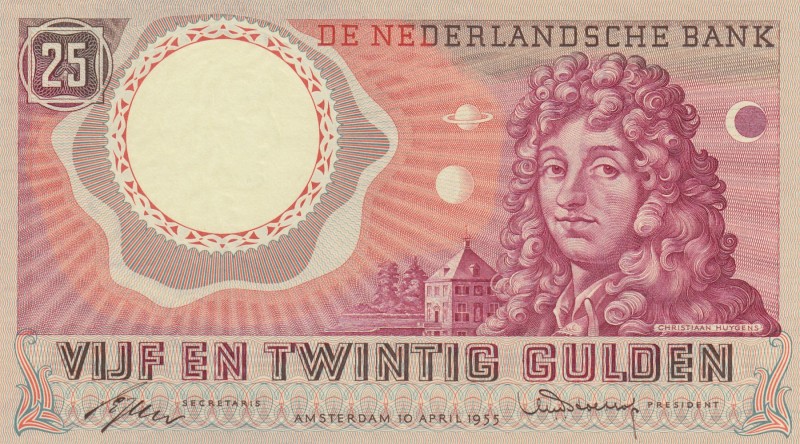 Netherlands, 25 Gulden, 1955, AUNC, p87 
Serial Number: BJO 062506
Estimate: 3...