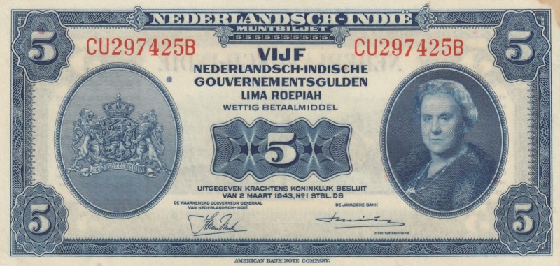 Netherlands Indies, 5 Gulden, 1943, AUNC, p113 
Serial Number: CU297425B
Estim...