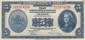 Netherlands Indies, 5 Gulden, 1943, AUNC, p113 
Serial Number: CU297425B
Estimate: 50-100 USD