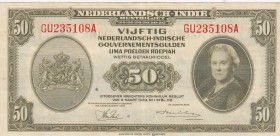 Netherlands Indies, 50 Gulden, 1943, XF (+), p116 
There are colored dots in the money.
Serial Number: GU235108A
Estimate: 60-120 USD