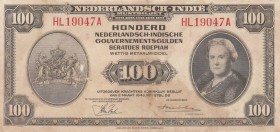 Netherlands Indies, 100 Gulden , 1943, FINE, p117 
There are holes on the money.
Serial Number: HL 19047 A
Estimate: 50-100 USD