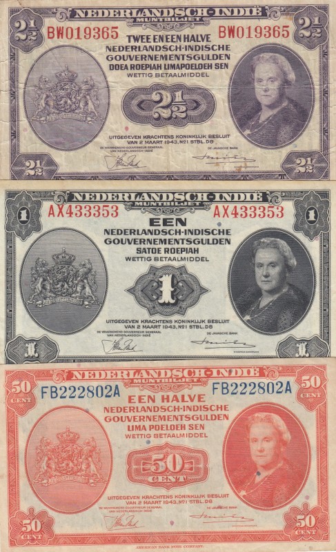 Netherlands Indies, 0, 1943, (Total 3 banknotes)
50 Cents, 1943, p110, XF; 1 Gu...