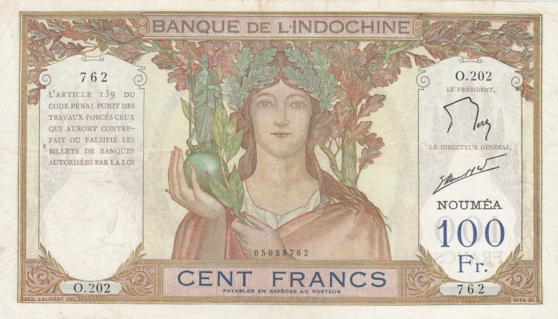 New Caledonia, 100 Francs, 1937, VF (+), p42b 
Corrected money
Serial Number: ...