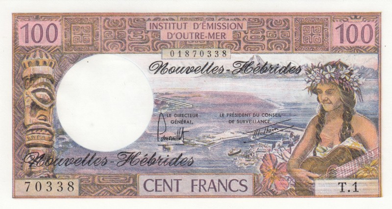 New Hebrides, 100 Francs, 1977, UNC, p18d 
Serial Number: T.1 70338
Estimate: ...