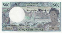 New Hebrides, 500 Francs, 1979, UNC, p19c 
Serial Number: O.1 29601
Estimate: 40-80 USD