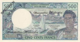 New Hebrides, 500 Francs, 1970, UNC, p19s, SPECIMEN
Serial Number: O.00 000000
Estimate: 300-600 USD