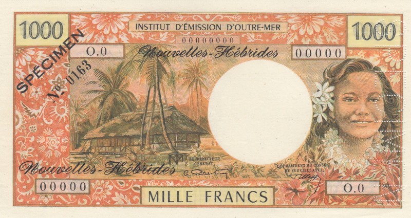 New Hebrides, 1.000 Francs, 1970, UNC, p20s, SPECIMEN
Serial Number: O.0 000000...
