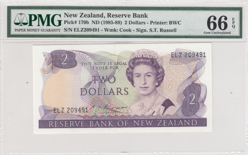 New Zealand, 2 Dollars, 1985-1989, UNC, p170b 
PMG 66 EPQ
Serial Number: ELZ 2...