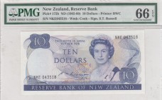 New Zealand, 10 Dollars, 1985-89, UNC, p172b 
PMG 66 EPQ
Serial Number: NKE 043518
Estimate: 100-200 USD