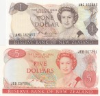 New Zealand, 1-5 Dollar, 1985-1989, UNC, (Total 2 banknotes)
1 Dollar, p169b; 5 Dollars, p171b. Queen Elizabeth II potrait. 
Serial Number: AMG 1624...