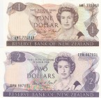 New Zealand, 1-2 Dollars, 1989-1992, UNC, (Total 2 banknotes)
1 Dollar, p169c; 2 Dollars, p170c. Queen Elizabeth II potrait
Serial Number: AMT 77194...