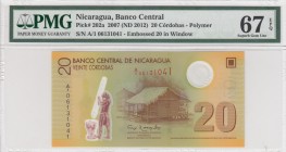 Nicaragua, 20 Cordobas, 2007, UNC, p202a 
PMG 67 EPQ
Serial Number: A/1 06131041
Estimate: 20-40 USD