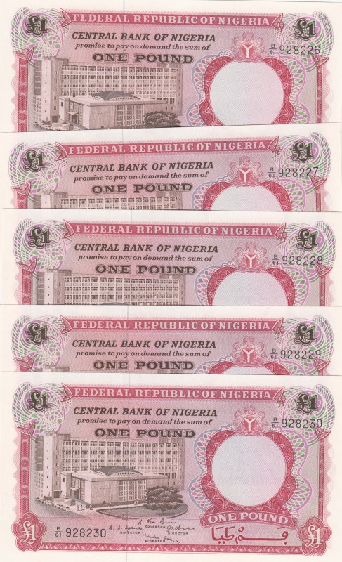 Nigeria, 1 Pound, 1967, AUNC, p8, (Total 5 consecutive banknotes)
Serial Number...