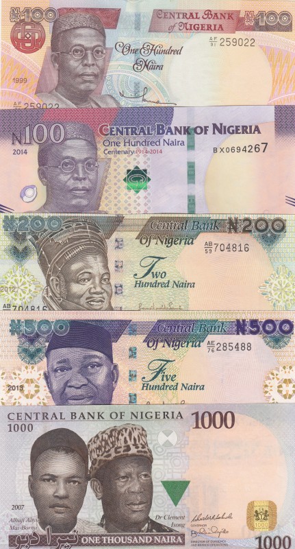 Nigeria, 0, (Total 5 banknotes)
100 Naira, 1999, p28, ÇİL; 100 Naira, 2014, p41...