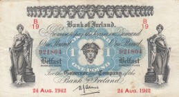 Northern Ireland, 1942, VF, P55b 
There's a hole in the money, There is a drawing on money
Serial Number: B 19 921804
Estimate: 50-100 USD