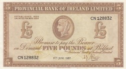 Northern Ireland, 5 Pounds, 1957, AUNC, p242 
Serial Number: CN 128832
Estimate: 250-500 USD